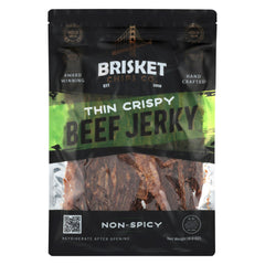 Brisket Chips Co frente del paquete mostrando etiqueta y tamaño, conveniencia inmediata