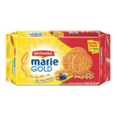 Britannia galletas Marie Gold envase frontal mostrando el producto y utilidad