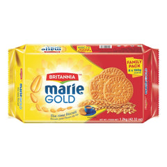 Britannia galletas Marie Gold envase frontal mostrando el producto y utilidad
