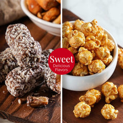 Broadway Basketeers palomitas y pretzels cerca destacando frescura y crujido