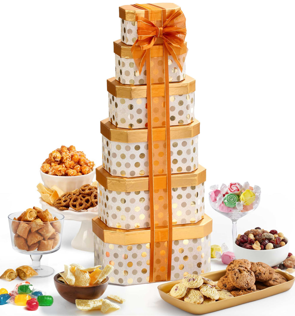 Broadway Basketeers torre frontal lista para regalar con lazo y presentación cuidada