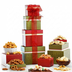 Broadway Basketeers torre frontal muestra 4 lb de snacks y presentación lista