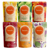 Brodo pack frontal mostrando las seis porciones y variedad de sabores, conveniencia inmediata