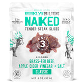 Brooklyn Biltong paquete frontal mostrando el producto y beneficios proteicos
