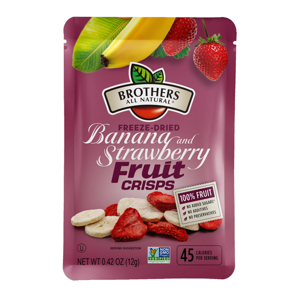 Brothers-ALL-Natural empaque frontal mostrando mezcla banana y fresa, portátil y natural