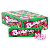 Bubblicious pack frontal mostrando 18 paquetes y sabor sandía, conveniente para eventos