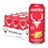 Bucked Up lata frente durazno-mango mostrando sabor y claridad refrescante