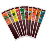 Buffalo Bob's empaque frontal mostrando las 10 sabores y beneficio de variedad