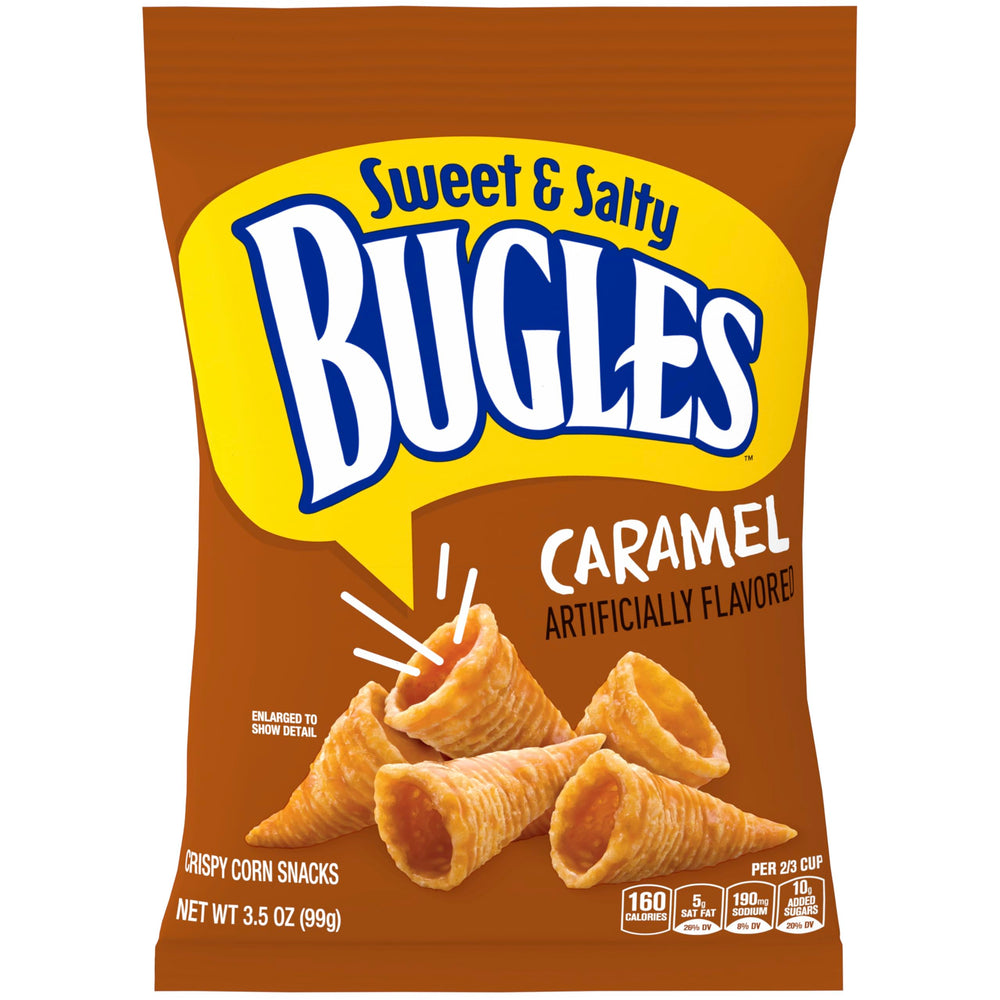 Bugles frente del paquete mostrando porción individual y conveniencia