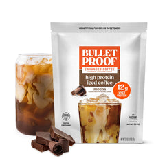 Bulletproof frente del empaque mocha mostrando la marca y beneficio energético