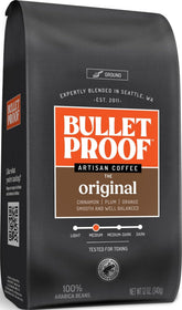Bulletproof vista frontal del paquete 12 oz mostrando diseño y sello premium