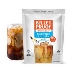 Bulletproof frasco frontal mostrando embalaje y porciones prácticas