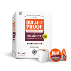 Bulletproof caja frontal de The Maximizer mostrando 24 cápsulas y conveniencia
