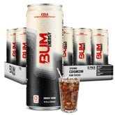 BUM lata frontal mostrando diseño y sabor cola, ideal para energía limpia