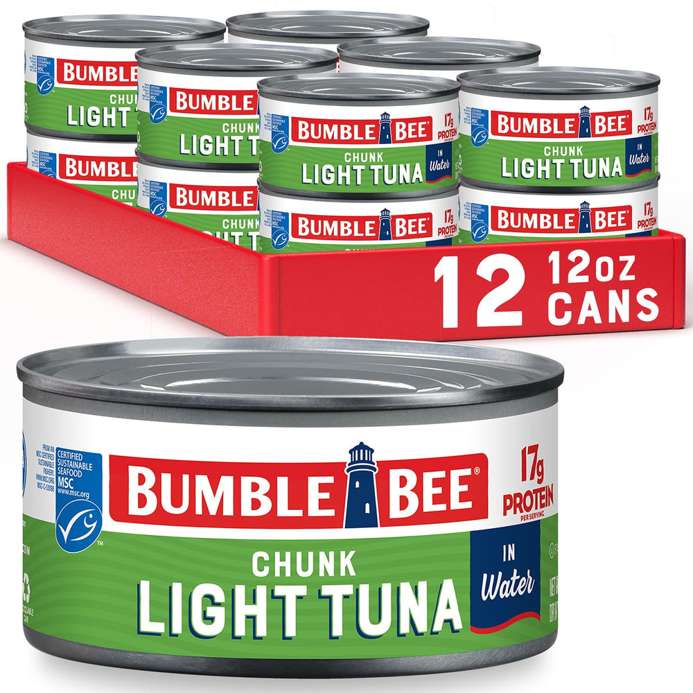 Bumble Bee vista frontal del pack de 12 latas mostrando ahorro y conveniencia