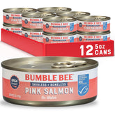 Bumble Bee lata frontal mostrando salmón sin piel y sin espinas, práctico y listo para usar