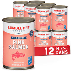 Bumble Bee lata frontal del salmón rosado salvaje mostrando marca y tamaño