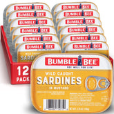Bumble Bee lata frente mostrando etiqueta y sabor mostaza para conveniencia