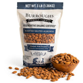 Burroughs Family Farms paquete frontal mostrando 3 lb y beneficios orgánicos