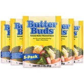 Butter Buds paquete frontal mostrando cinco sobres, conveniencia y ahorro