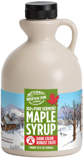 Butternut Mountain Farm botella frontal mostrando jarabe oscuro y vertido fácil