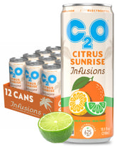 C2O lata frontal Citrus Sunrise mostrando diseño y beneficio refrescante