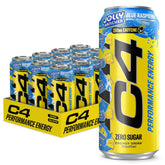C4 lata Blue Raspberry frente mostrando diseño y sabor intenso
