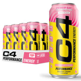 C4 lata frontal Strawberry Blast mostrando diseño y promoviendo energía