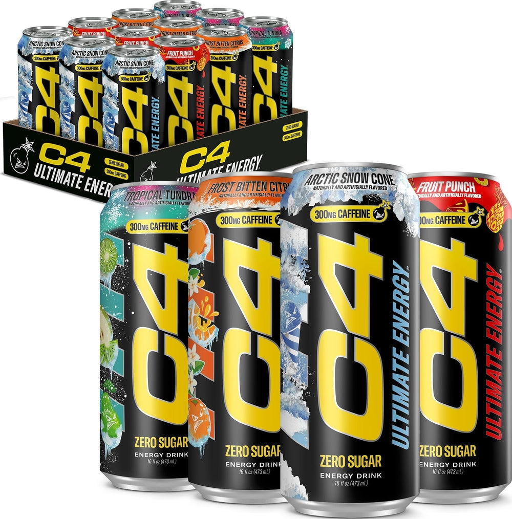 C4 lata frontal del pack 12 muestra la marca y energía inmediata