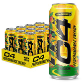 C4 lata mango fuego frontal mostrando etiqueta y sin azúcar, energía instantánea
