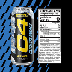 Detalle de etiqueta C4 Ultimate con ingredientes y sin azúcar legible