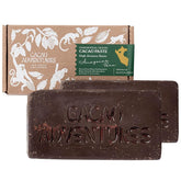 Cacao Adventures frente del empaque mostrando bloque y peso, confianza y pureza