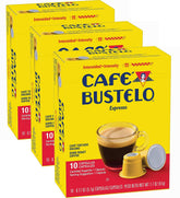 Café Bustelo caja frontal mostrando 30 cápsulas y diseño de marca, conveniencia de almacenamiento