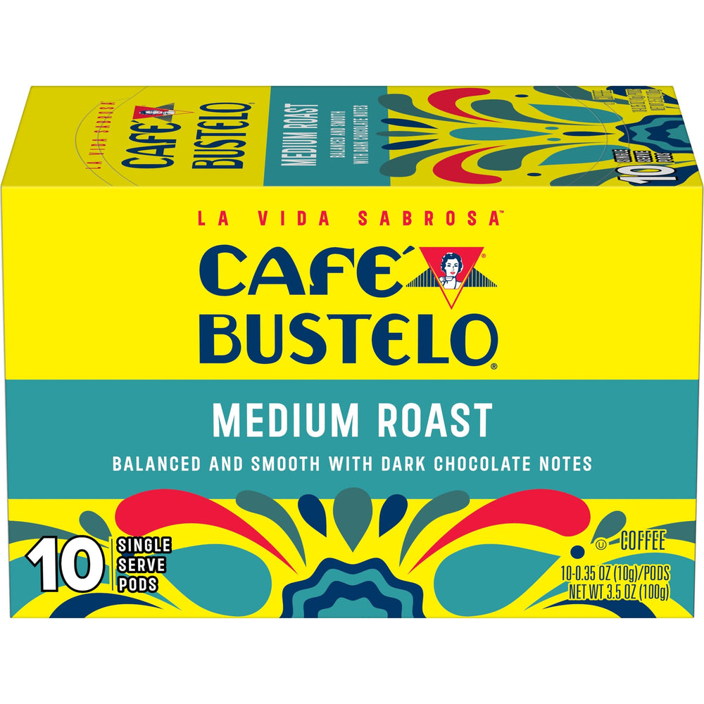 Café Bustelo caja frontal mostrando 10 cápsulas y conveniencia diaria