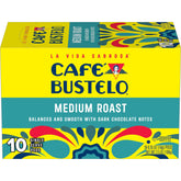 Café Bustelo caja frontal mostrando 10 cápsulas y conveniencia diaria