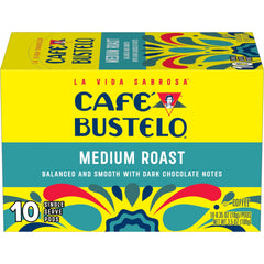 Café Bustelo caja frontal mostrando 10 cápsulas y conveniencia diaria