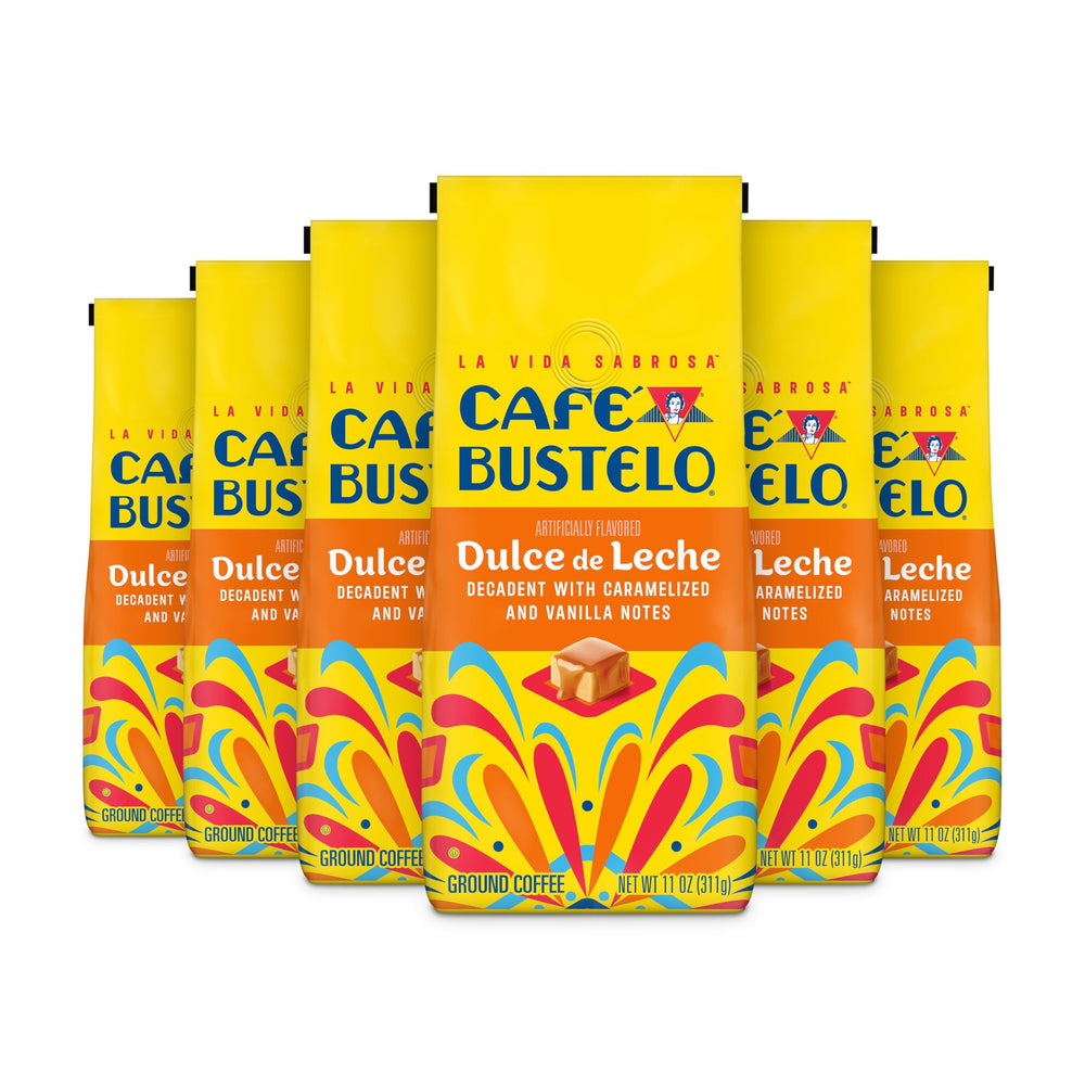 Café Bustelo frente del empaque mostrando marca y sabor dulce de leche