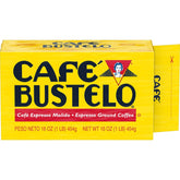 Café Bustelo frente del empaque brick mostrando diseño y fácil almacenamiento