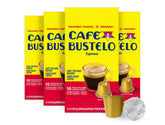 Cafe Bustelo frontal pack mostrando las cuatro cajas y 40 cápsulas, conveniencia inmediata