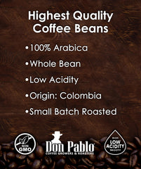 Cafe Don Pablo etiqueta y detalle mostrando origen colombiano y tueste