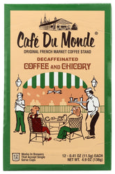 Cafe Du Monde frente del estuche que muestra 12 cápsulas y conveniencia