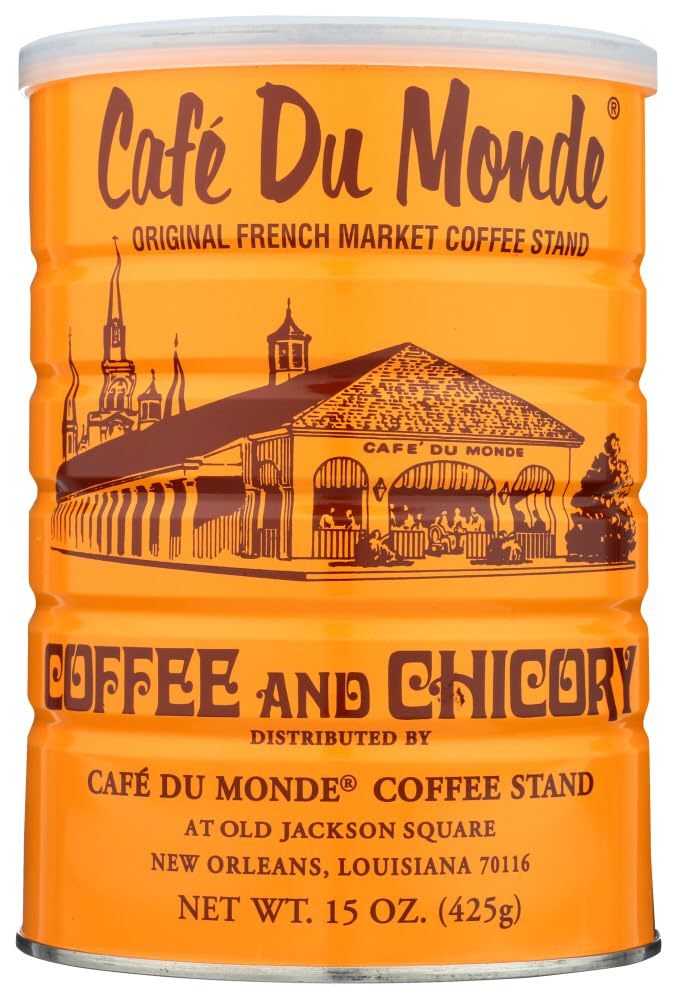 Cafe Du Monde lata frontal mostrando etiqueta y beneficio sabor auténtico