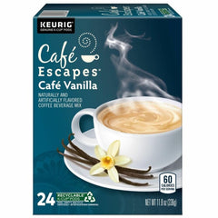 Café Escapes cápsula K-Cup frente mostrando el envase, fácil de almacenar