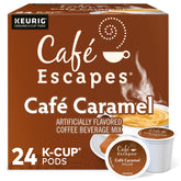 Café Escapes cápsulas frontal mostrando caja y gráfico de caramelo, conveniencia diaria