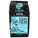 Cafe Ole paquete frontal Texas Pecan mostrando etiqueta y ventaja de sabor cremoso
