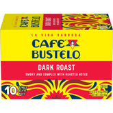 Café Bustelo caja frontal mostrando 10 cápsulas y diseño distintivo, conveniencia instantánea