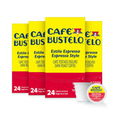 Café Bustelo caja frontal mostrando 96 cápsulas y diseño compacto