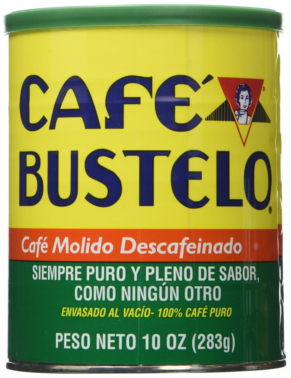 Cafe Bustelo lata frontal mostrando etiqueta y tamaño práctico