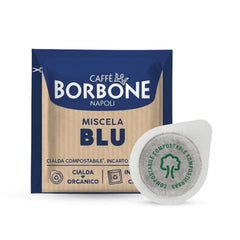 Caffè Borbone caja frontal Miscela Blu mostrando 50 cápsulas y beneficio conveniencia