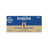Caffè Borbone vista frontal del paquete de 100 cápsulas, práctico para reposición
